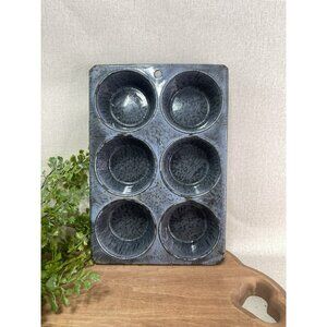 Antique Primitive Graniteware Gray Splatter Baking 6 Cup Muffin Pan 10 X 7 In